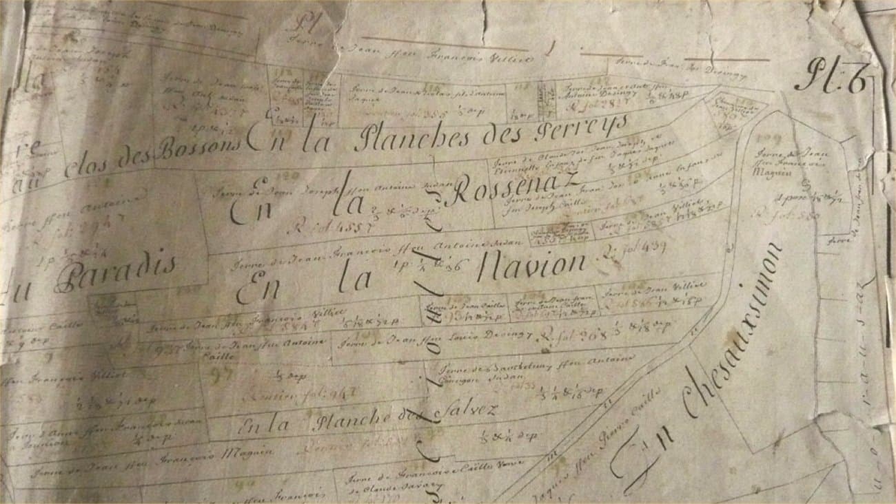 Plan cadastral ancien d’Estavannens : lieux-dits « Clos des Bossons », « En la Planche des Perreys », « En la Rossenaz », « En la Navion ».