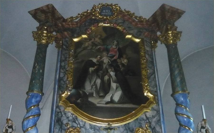 Partie supérieure du maître-autel : le Tableau du Rosaire dans son cadre rocaille