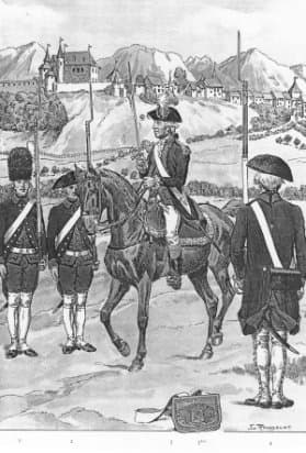Soldats du Régiment de Gruyère (1782-1792) : grenadier, fusiliers et le lieutenant-colonel de Reynold à cheval, devant la ville de Gruyères.