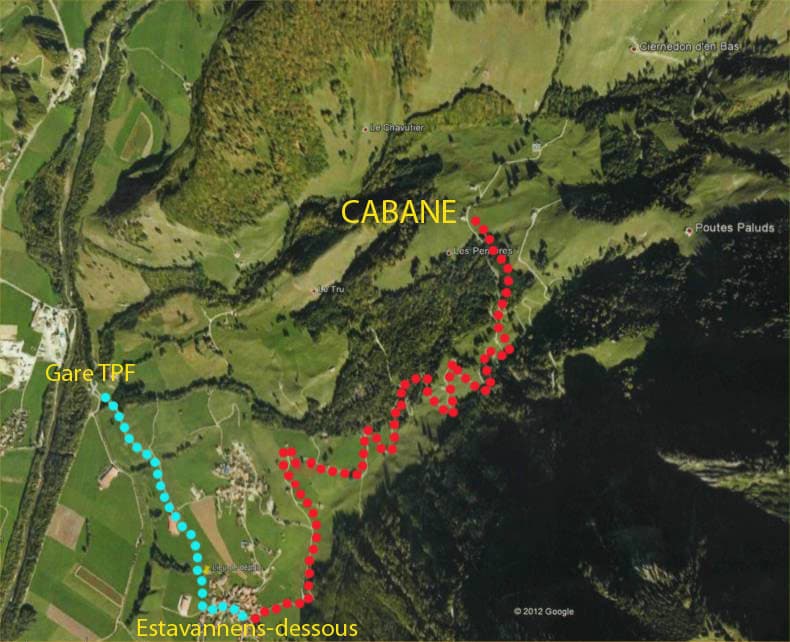 Plan d'accès à la cabane : itinéraire depuis la gare TPF et Estavannens-dessous par la Route de la Poya.