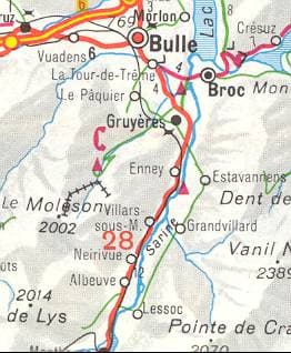 Carte de situation : Estavannens entre Bulle, Gruyères et Grandvillard, sur la rive droite de la Sarine.